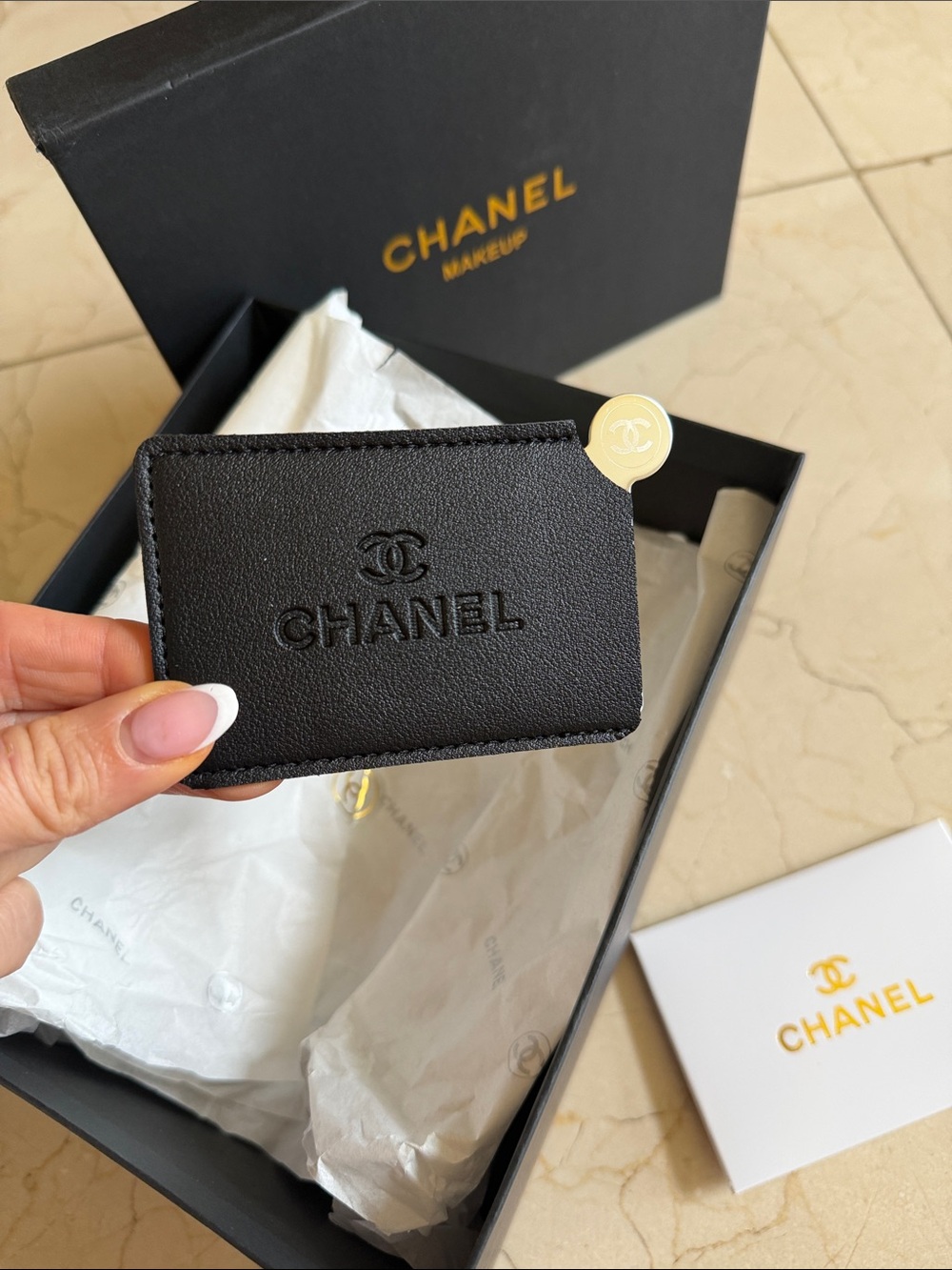 CHANEL compact mirror portable Black Embossed Leather Card Sleeve in box